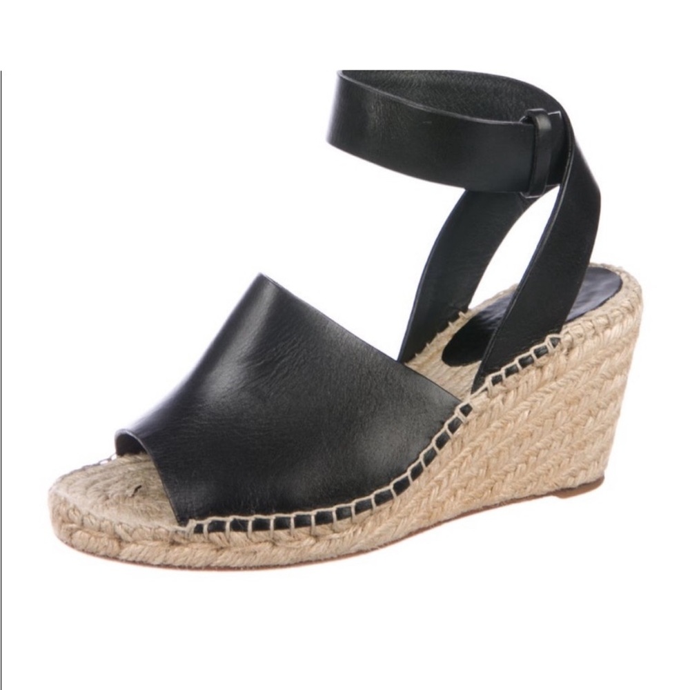 Celine Black Leather Ankle Strap Espadrille Wedge Sandals Sz 38